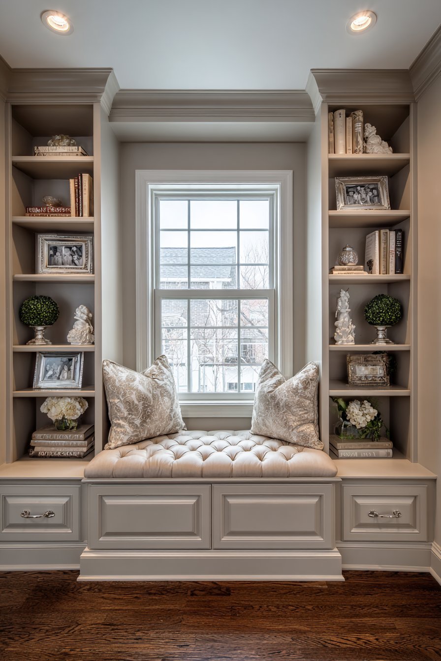 Symmetrical Built-In Shelving with Window Seat