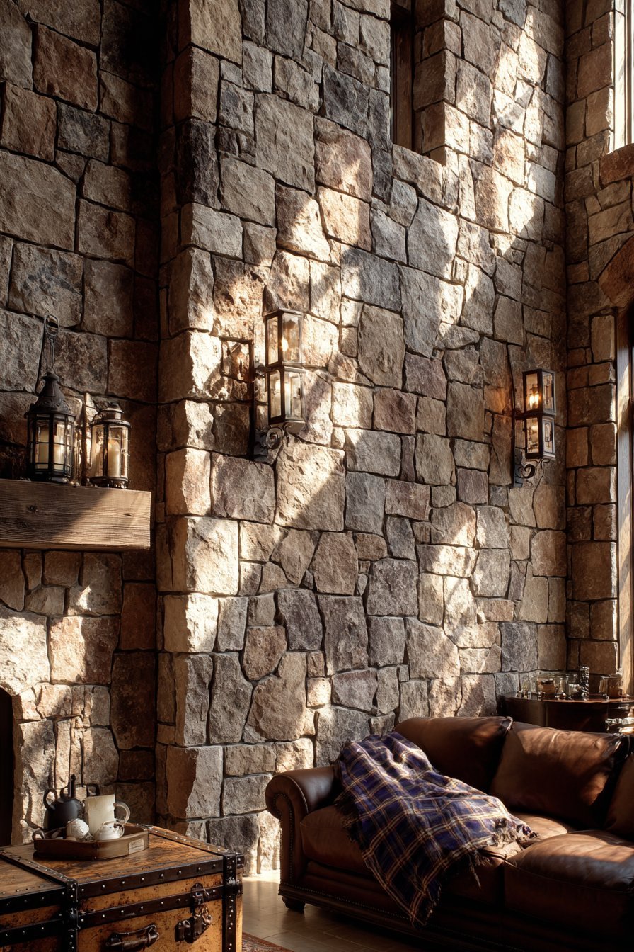 Rustic Mixed Stone Veneer Fireplace Wall