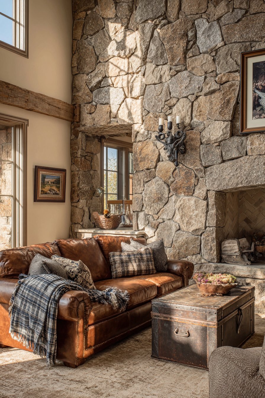 Rustic Mixed Stone Veneer Fireplace Wall