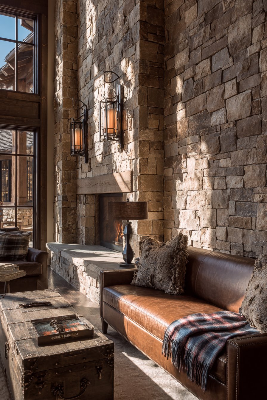 Rustic Mixed Stone Veneer Fireplace Wall