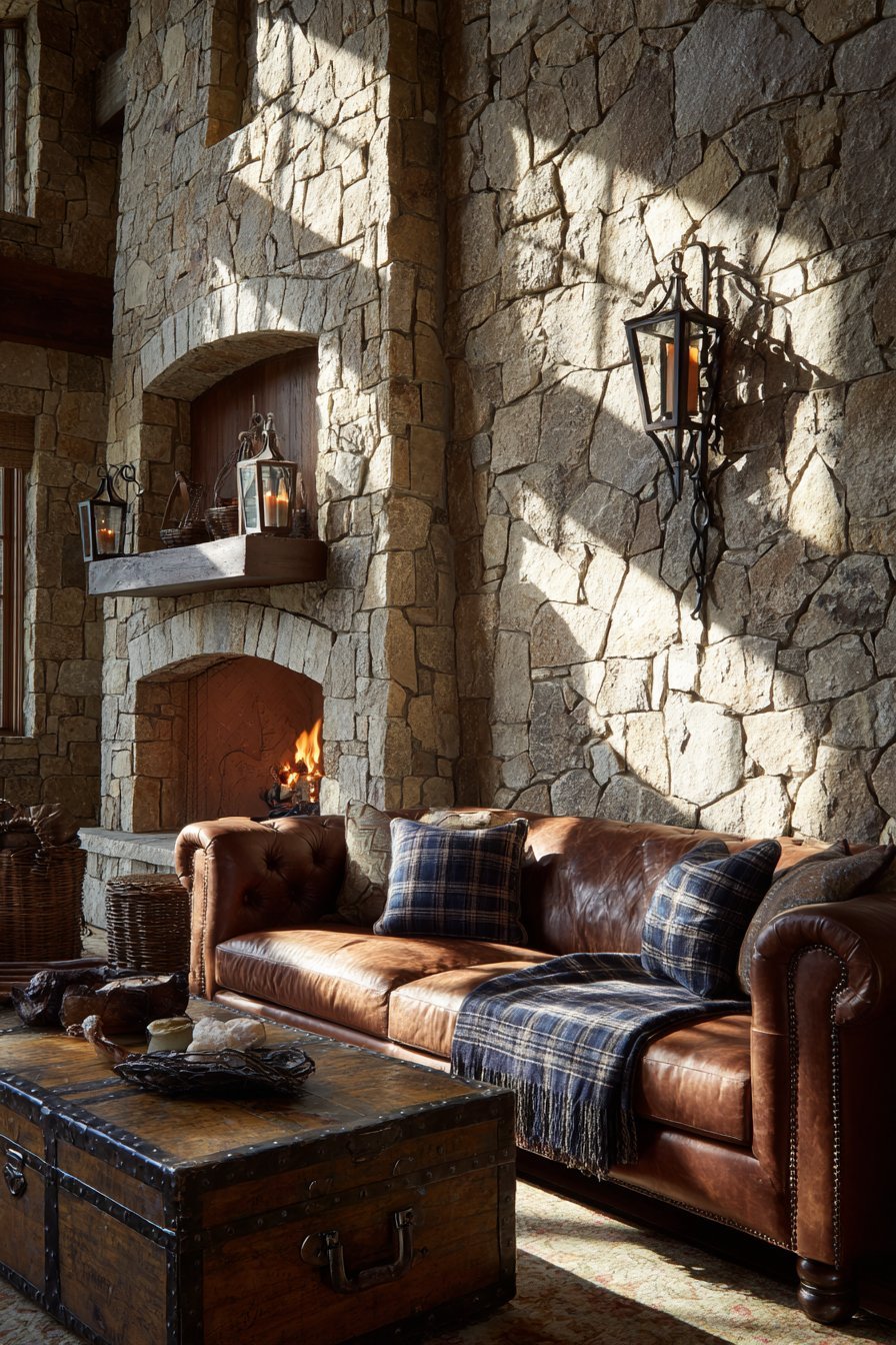 Rustic Mixed Stone Veneer Fireplace Wall