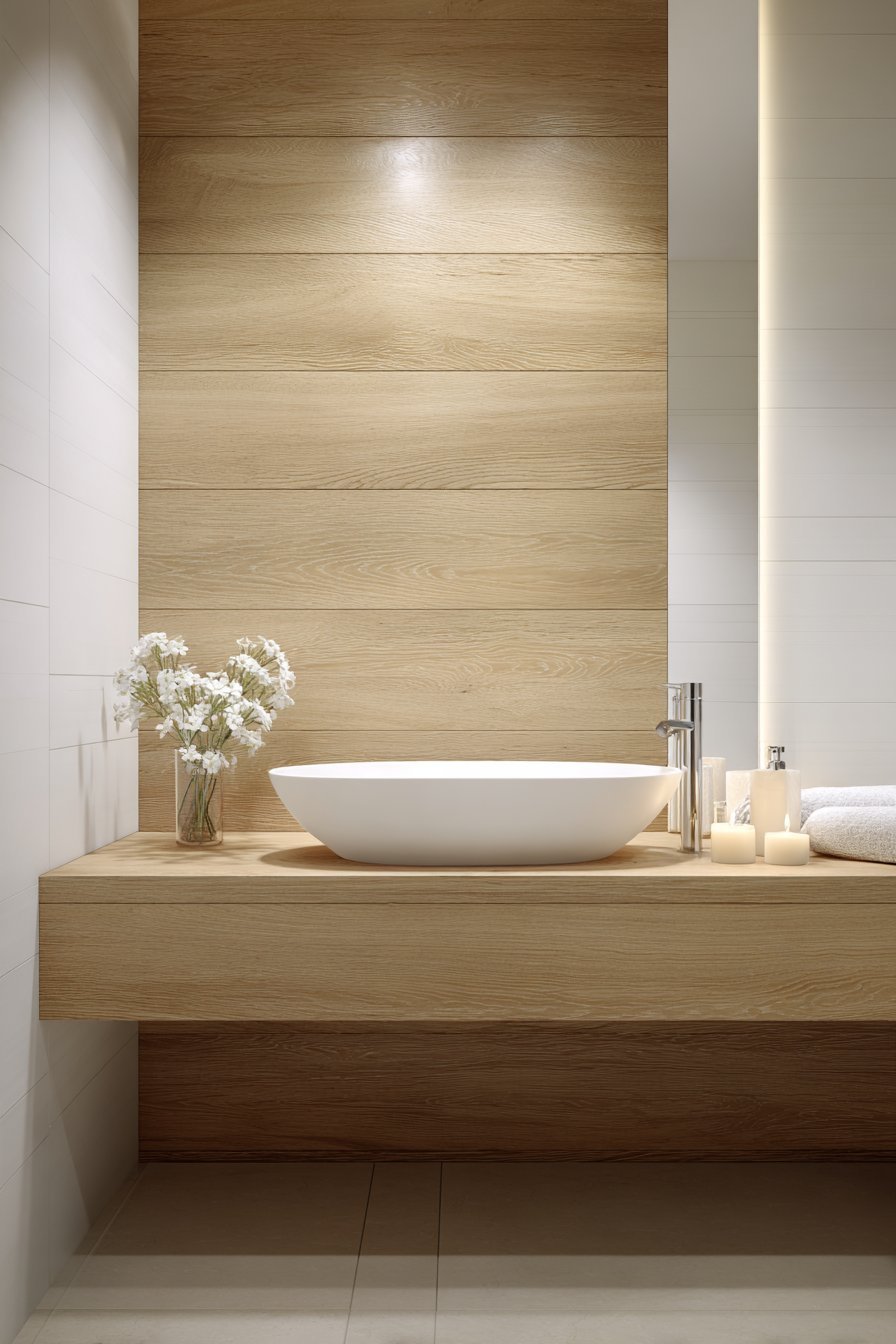 Contemporary Bathroom Wood Accent Wall