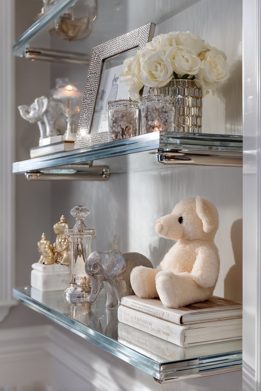 Glamorous Mirrored Glass Shelves with Luxurious Accents