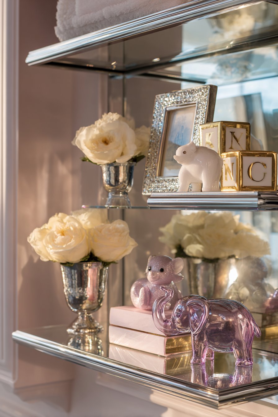 Glamorous Mirrored Glass Shelves with Luxurious Accents