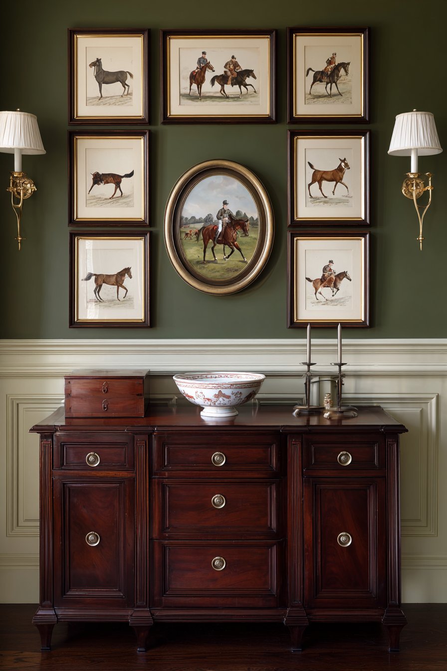 Traditional English Hallway with Fox Hunting Prints