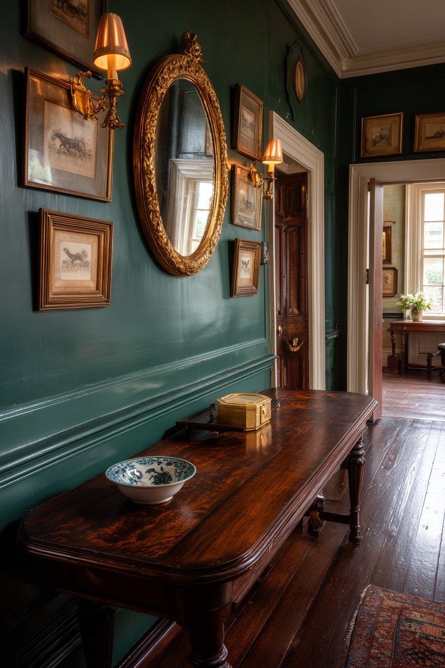 Traditional English Hallway with Fox Hunting Prints