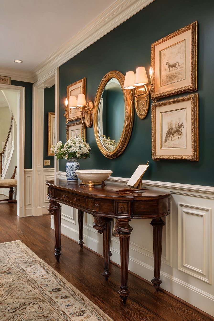 Traditional English Hallway with Fox Hunting Prints