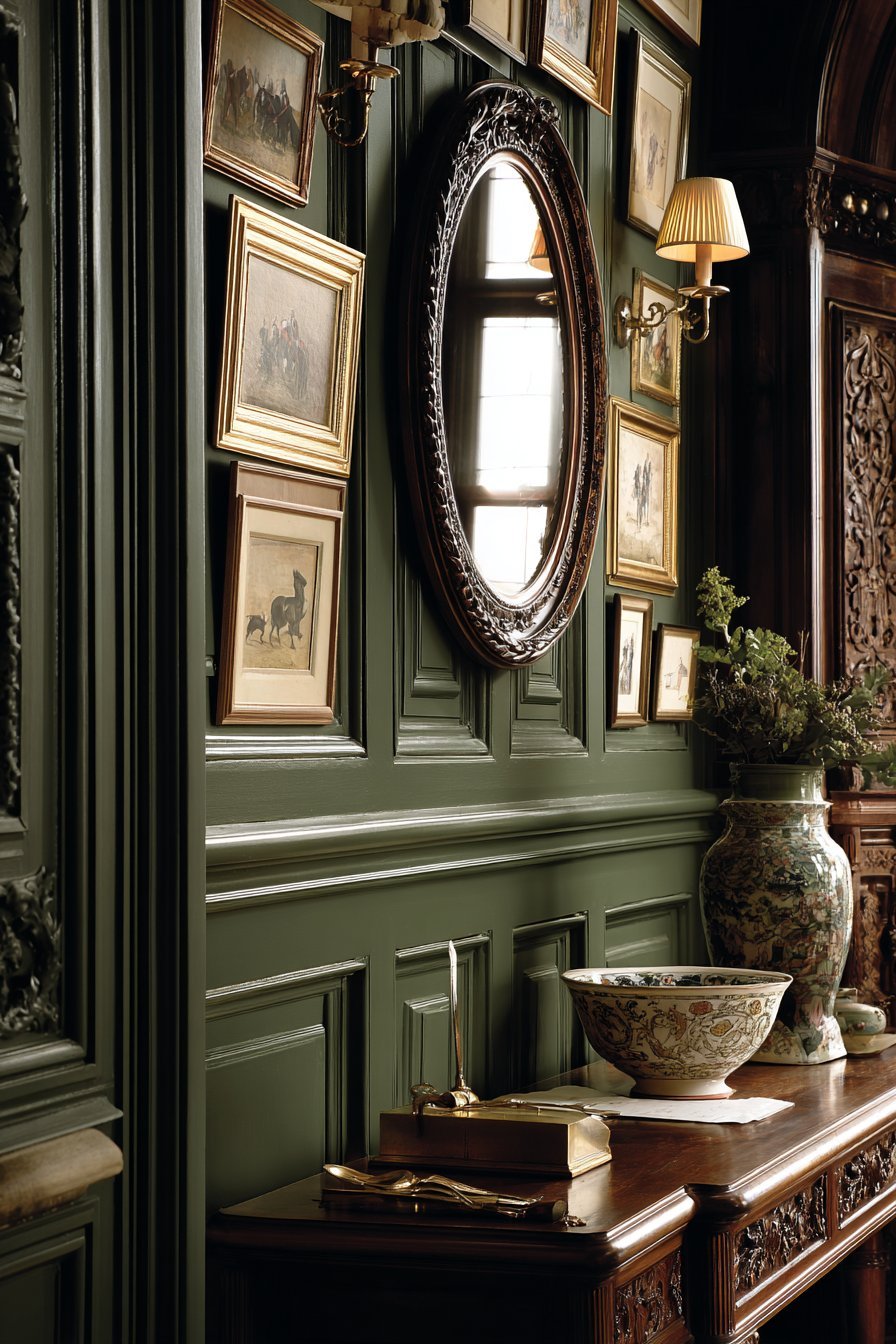 Traditional English Hallway with Fox Hunting Prints