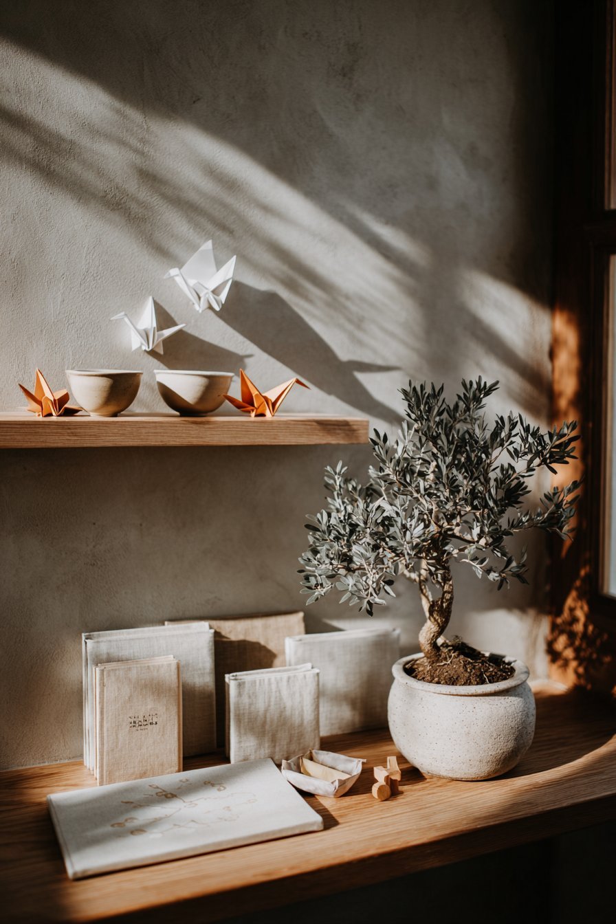 Japandi Light Ash Wood Shelves with Zen Simplicity