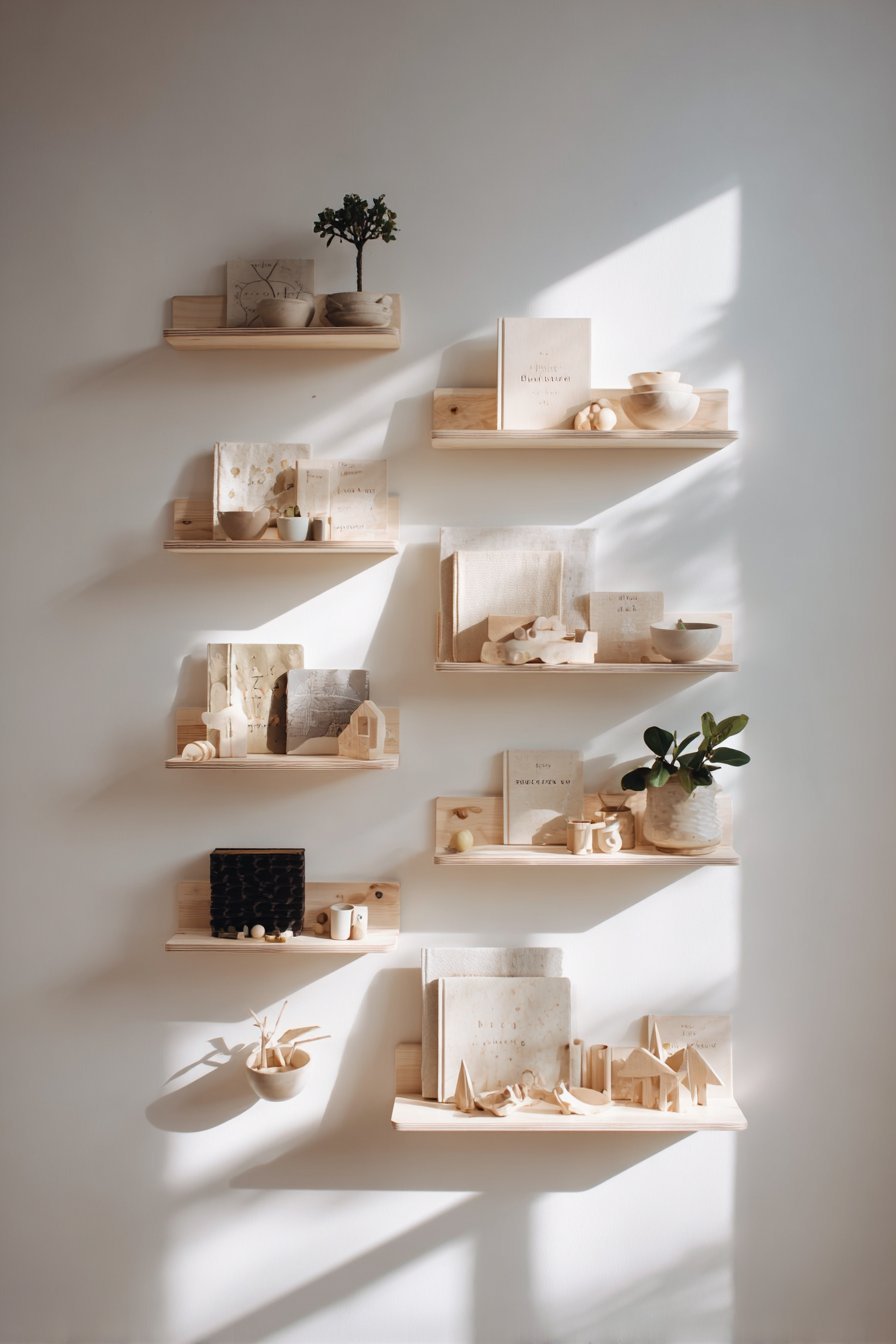Japandi Light Ash Wood Shelves with Zen Simplicity