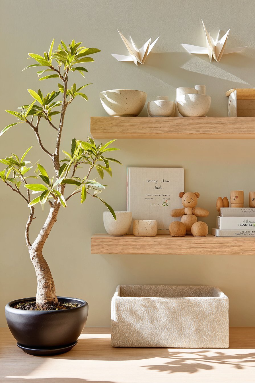 Japandi Light Ash Wood Shelves with Zen Simplicity