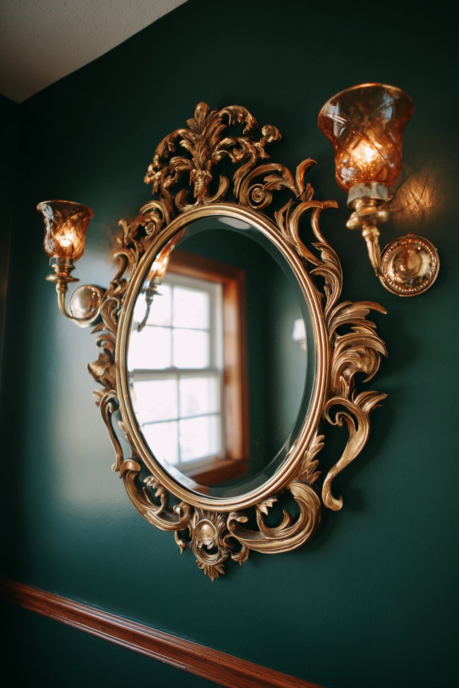 Ornate Mirror with Brass Sconces