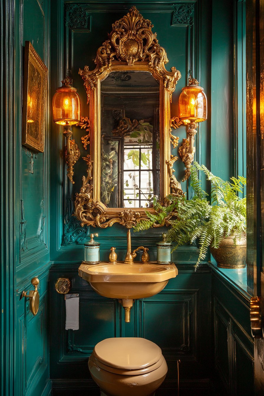 Ornate Mirror with Brass Sconces