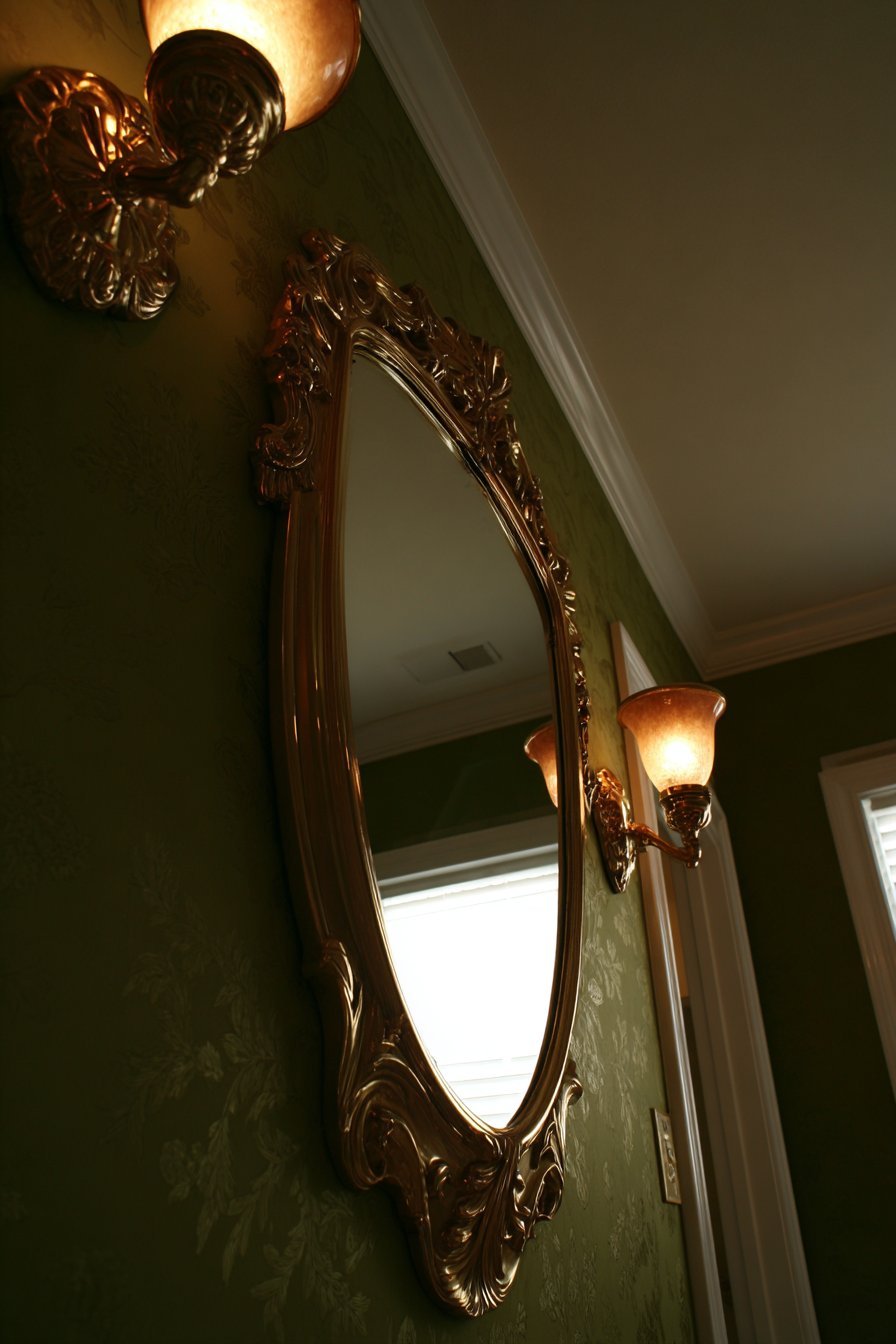 Ornate Mirror with Brass Sconces