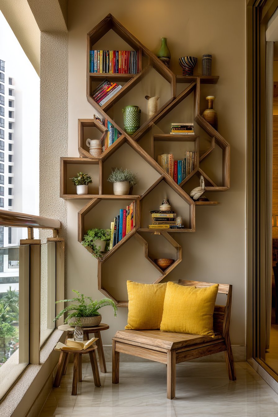 Asymmetrical Teak Wall Shelf Display