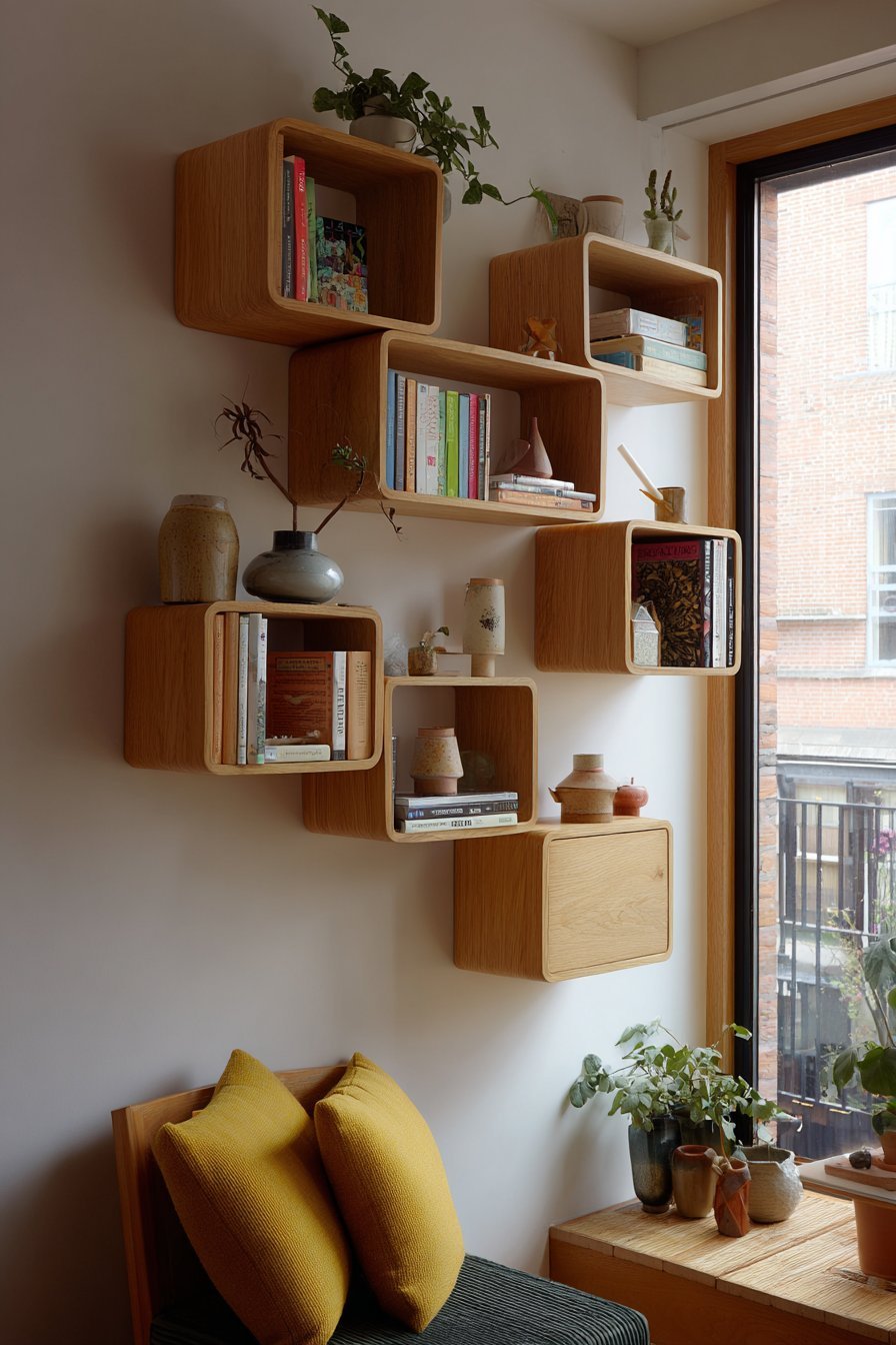 Asymmetrical Teak Wall Shelf Display