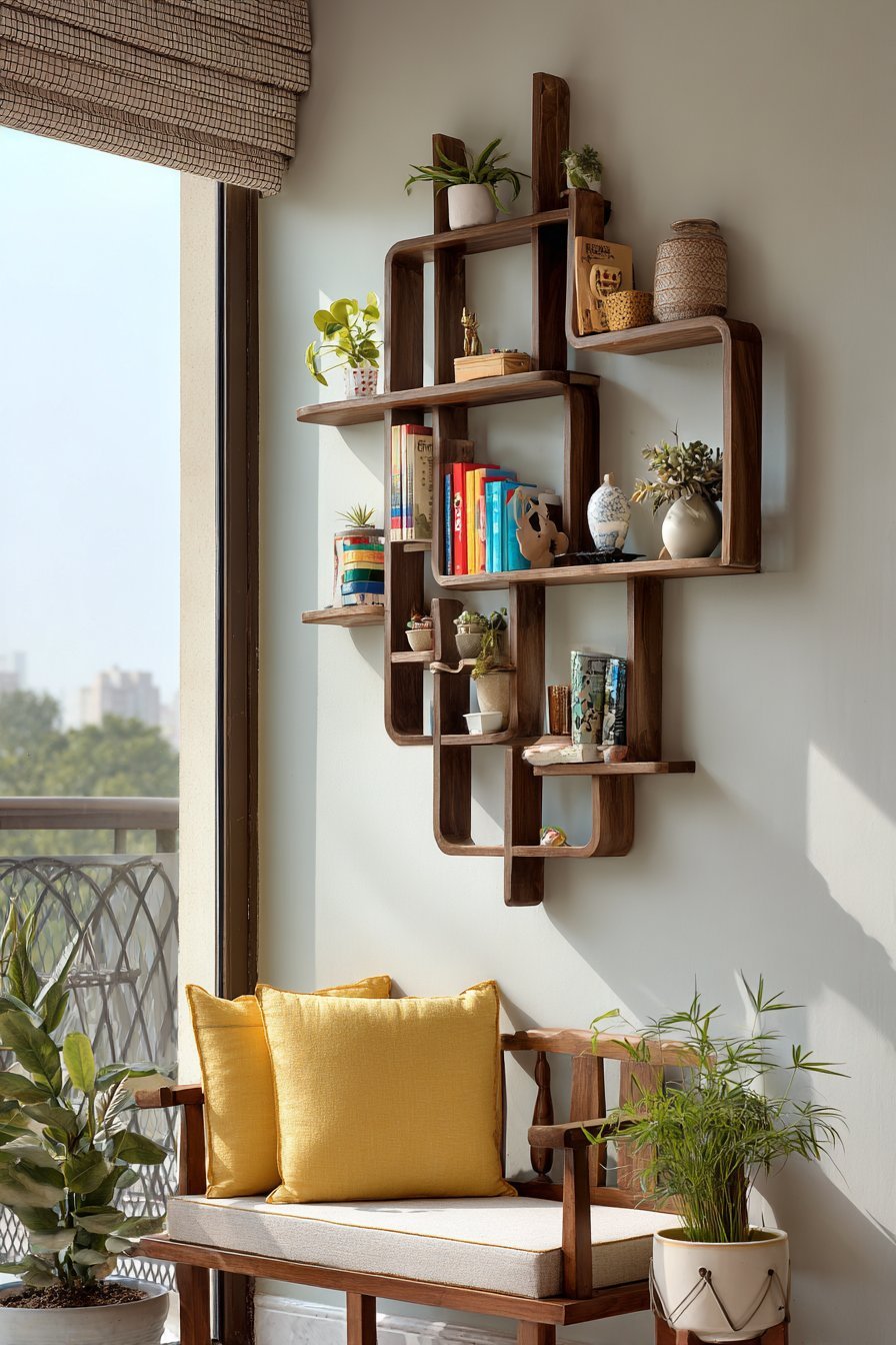 Asymmetrical Teak Wall Shelf Display