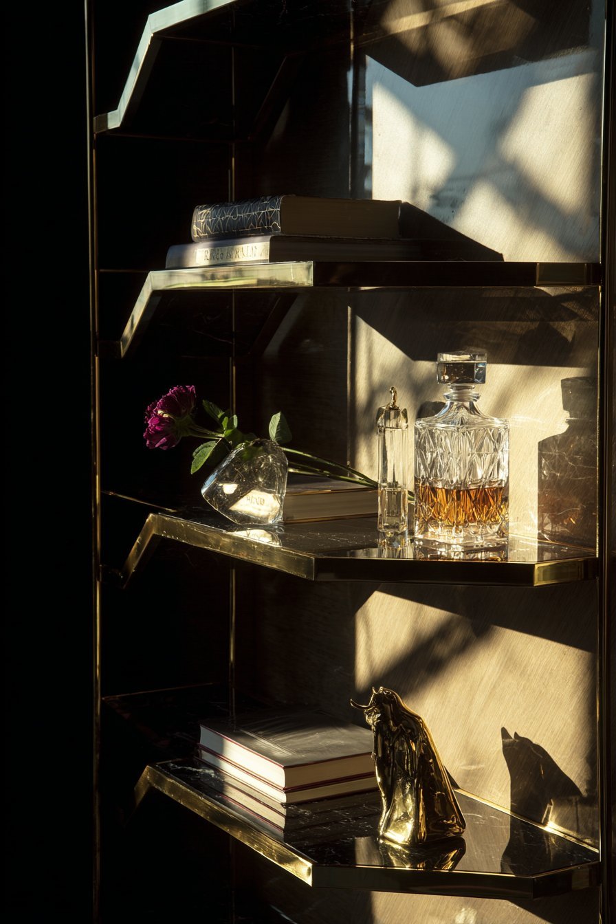 Art Deco High-Gloss Black Shelves with Geometric Glamour