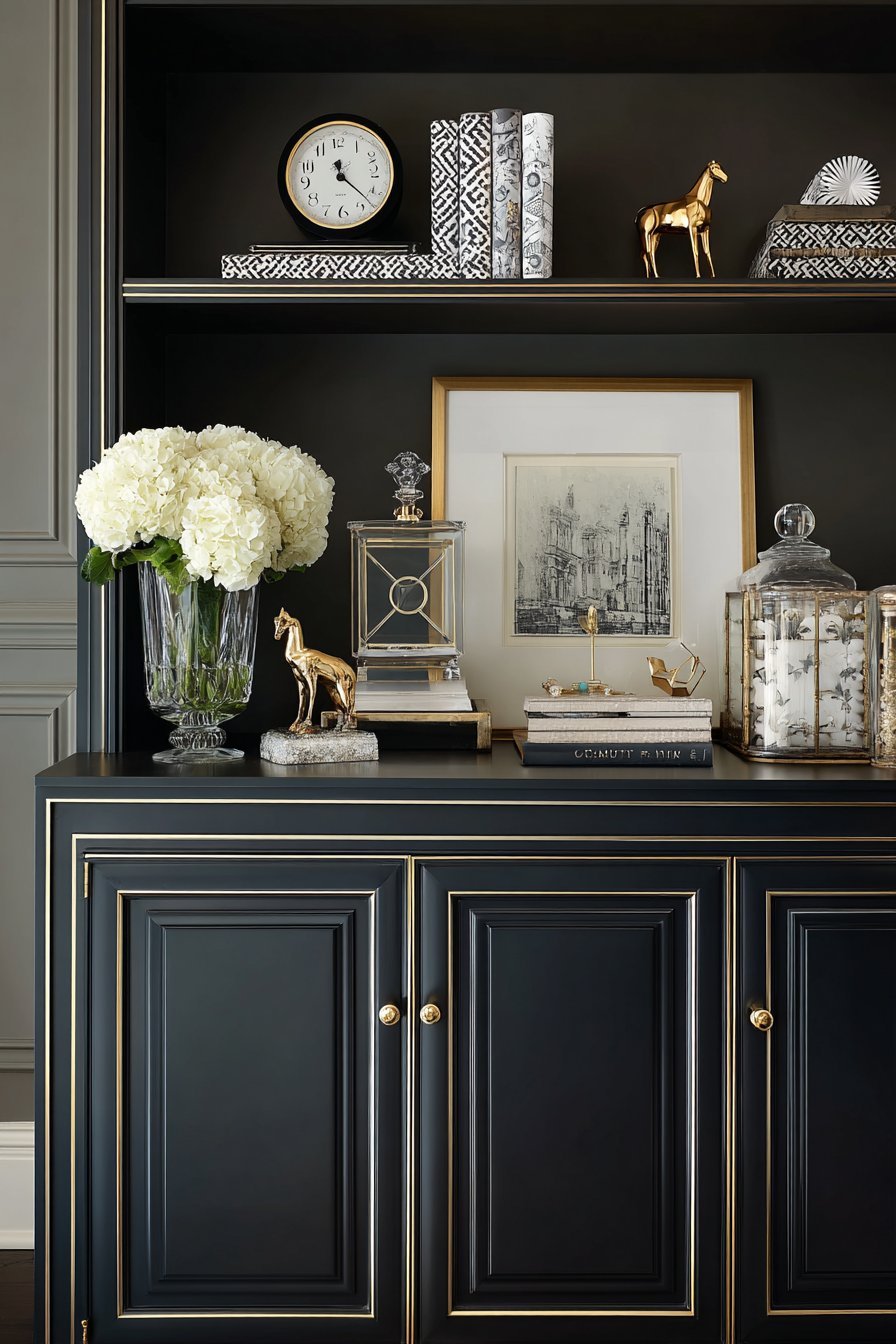 Art Deco High-Gloss Black Shelves with Geometric Glamour