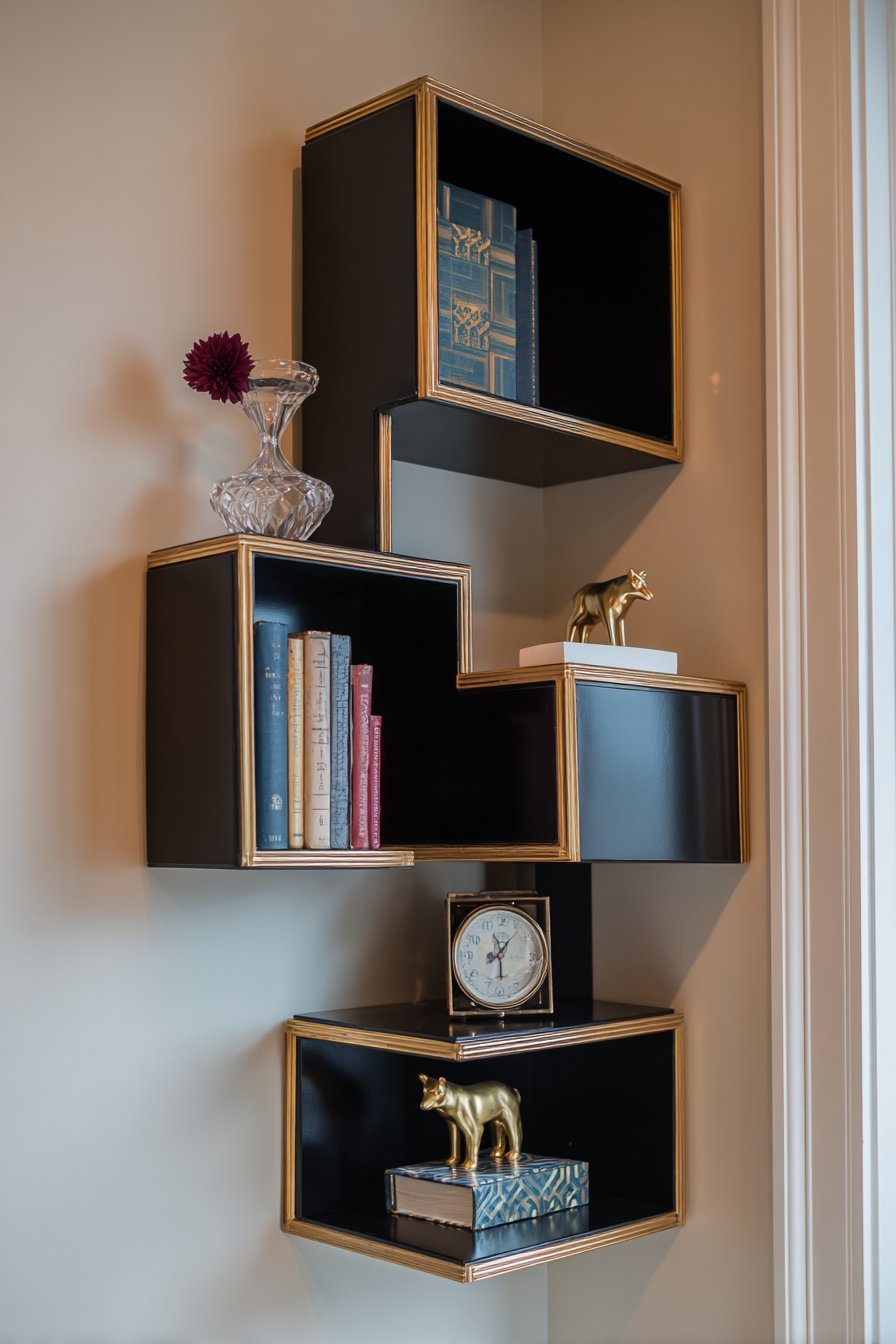 Art Deco High-Gloss Black Shelves with Geometric Glamour
