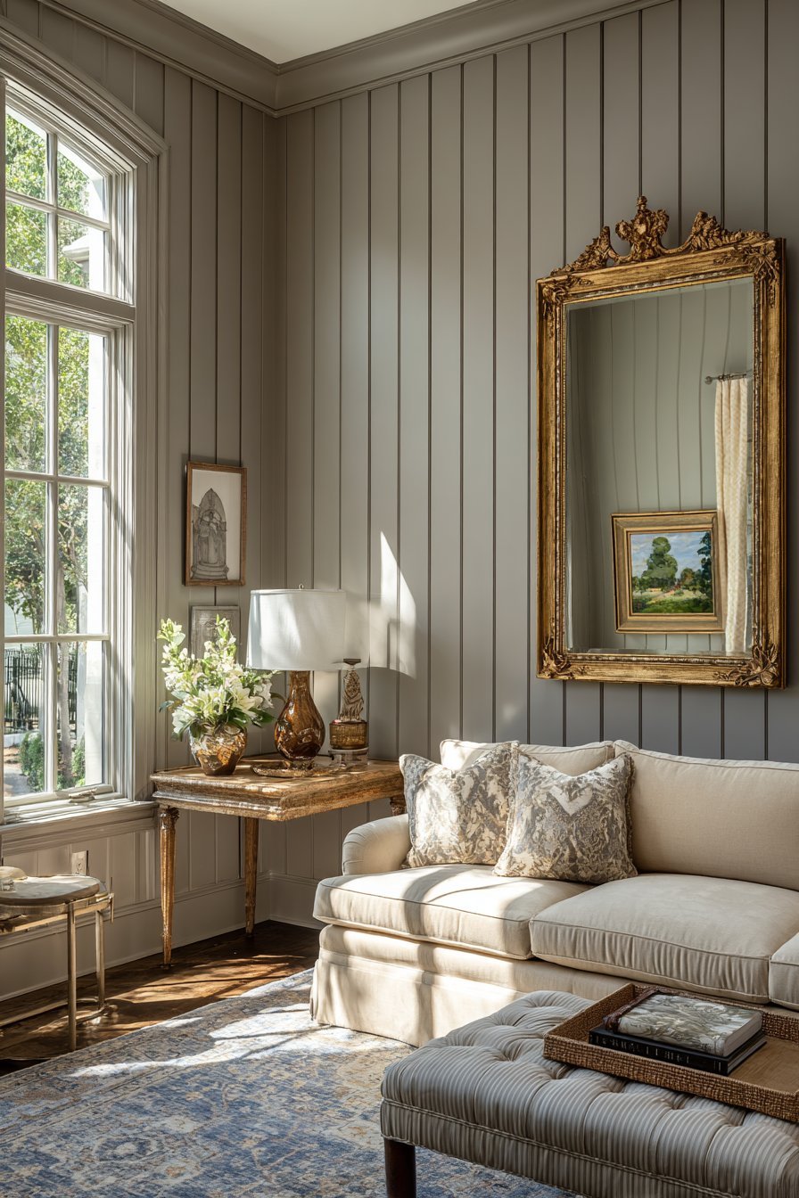 Sophisticated Greige Tongue and Groove Paneling