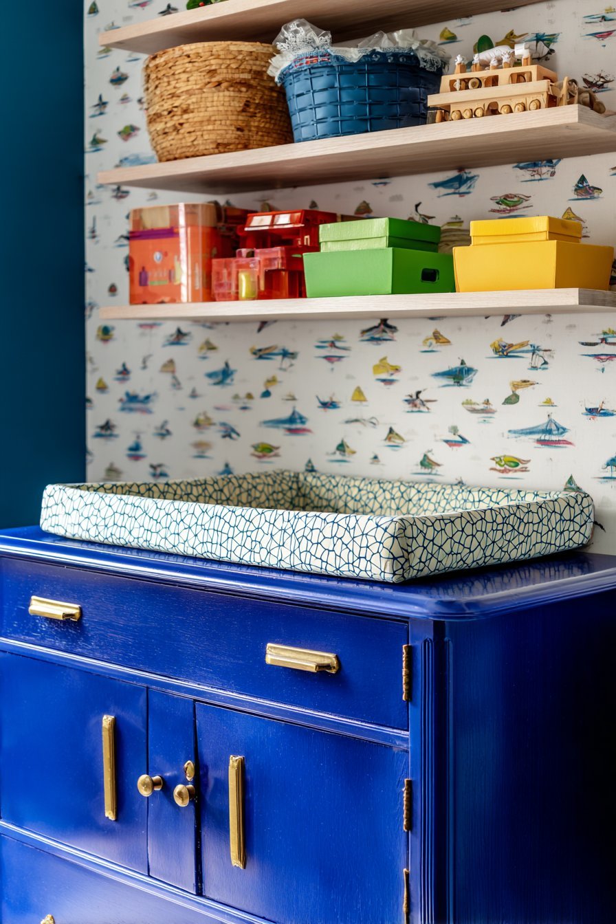 Vintage Credenza Storage with Peacock Blue Drama
