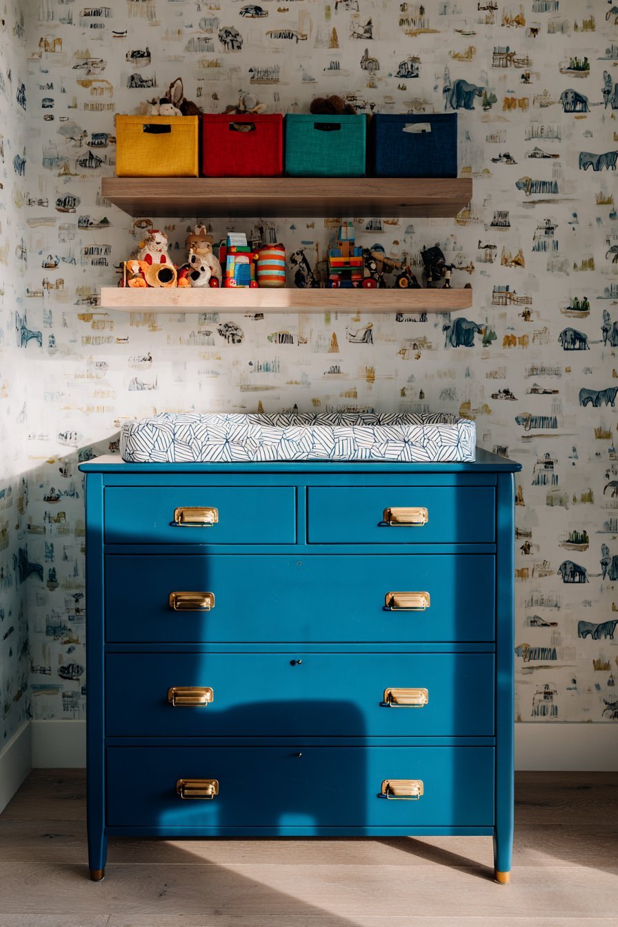 Vintage Credenza Storage with Peacock Blue Drama
