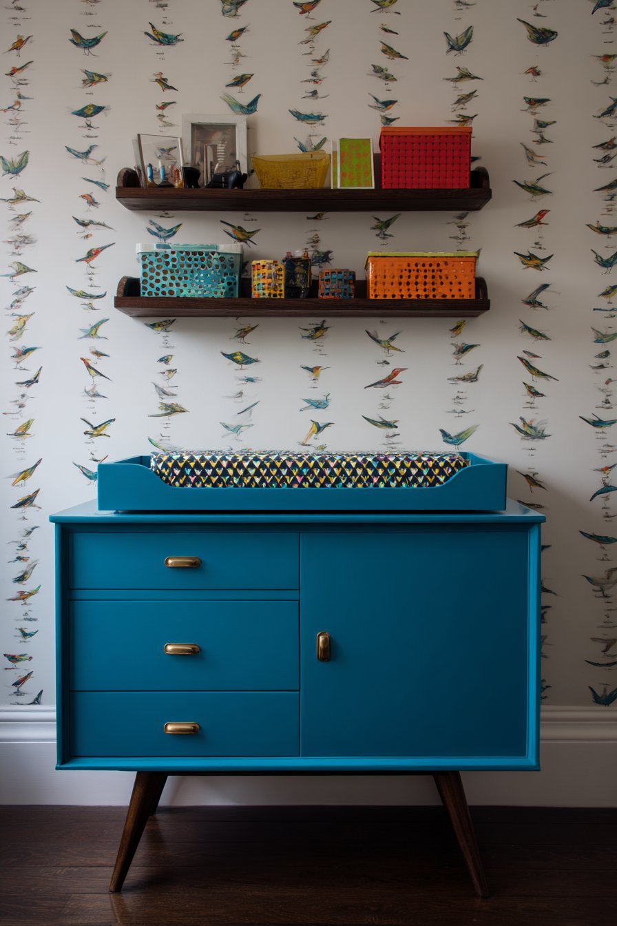 Vintage Credenza Storage with Peacock Blue Drama
