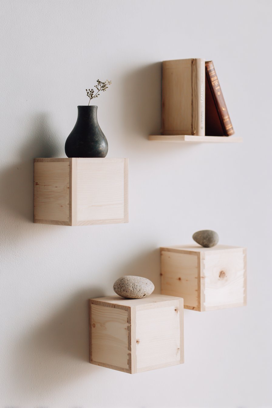 Floating Birch Shelves with Curated Objects