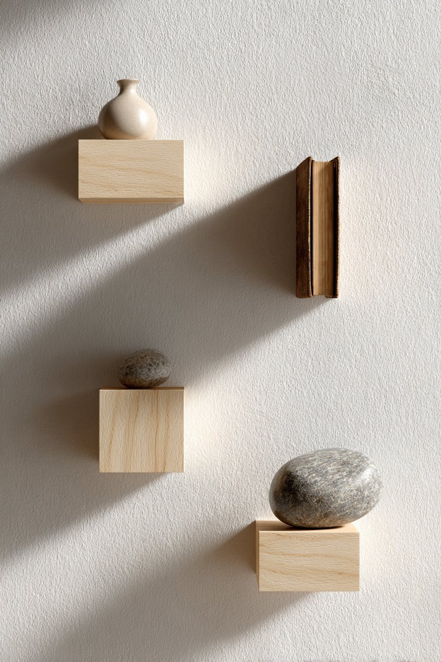 Floating Birch Shelves with Curated Objects