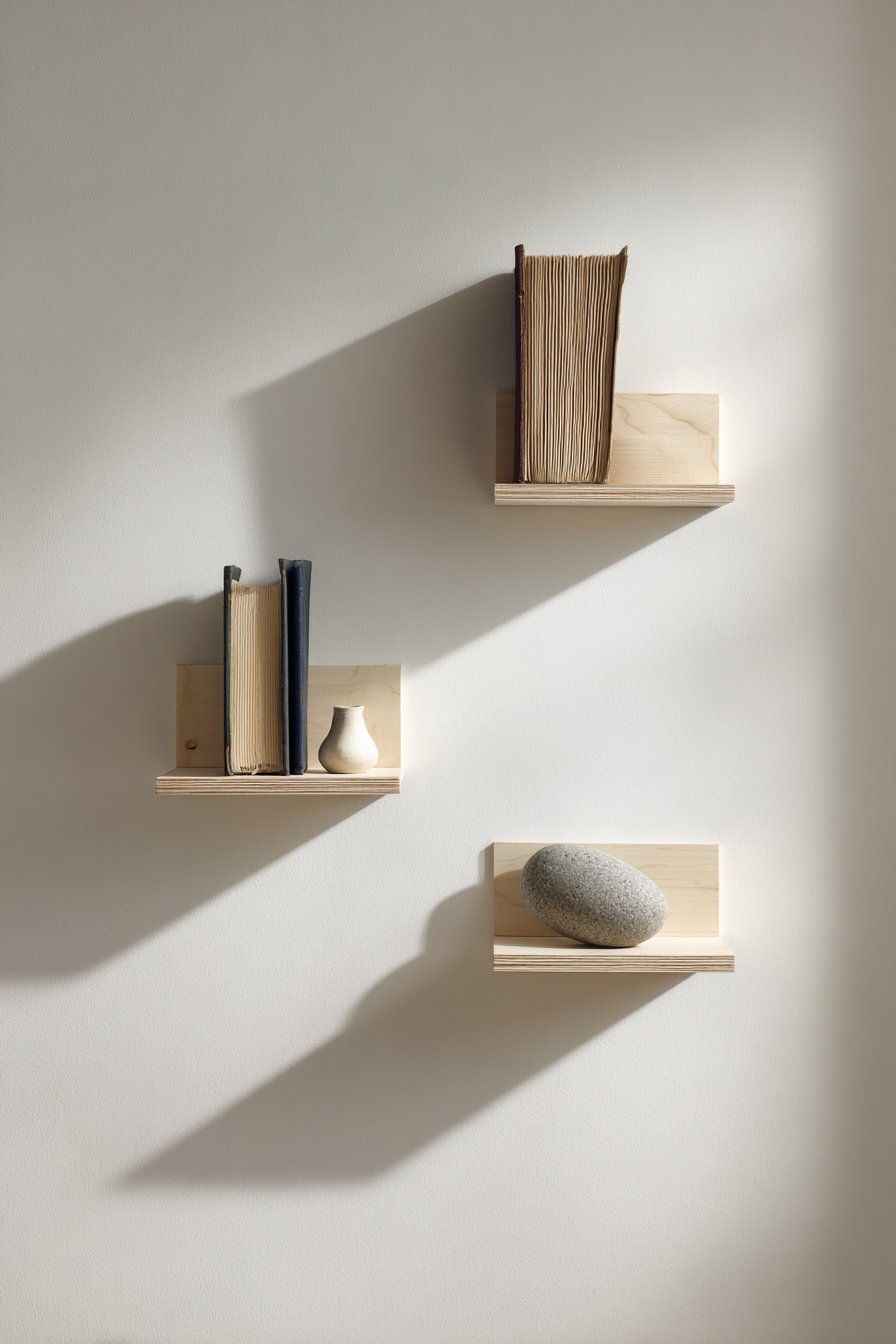 Floating Birch Shelves with Curated Objects