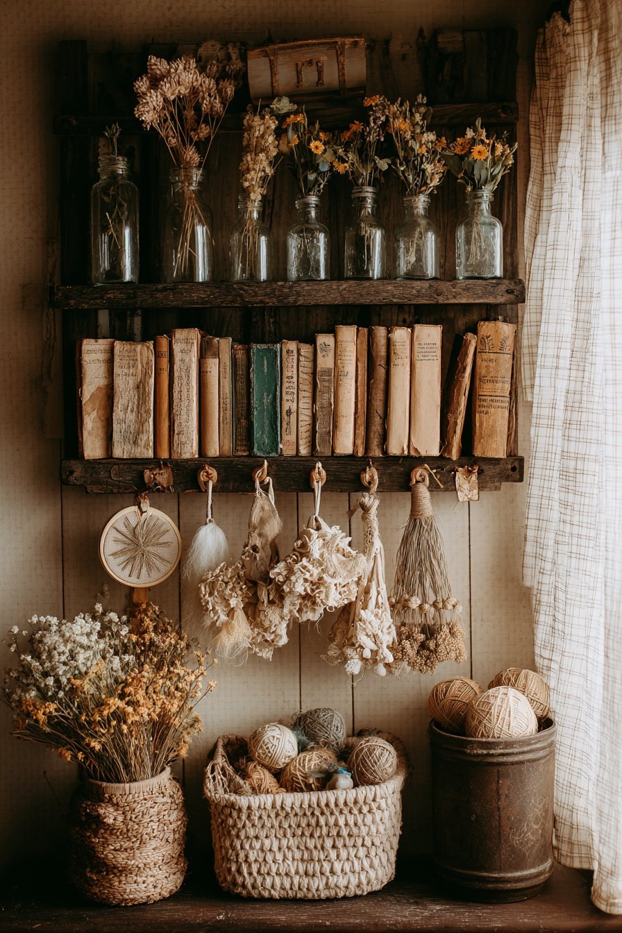 Cottagecore Reclaimed Barnwood Shelves with Pastoral Charm