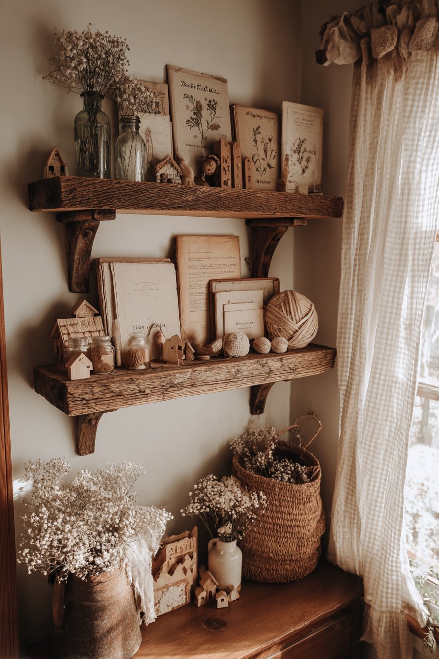 Cottagecore Reclaimed Barnwood Shelves with Pastoral Charm