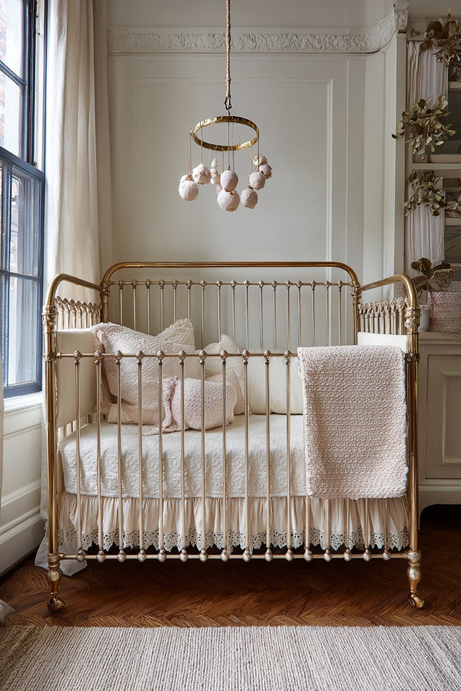 Layered Luxury Bedding with Champagne Metal Crib