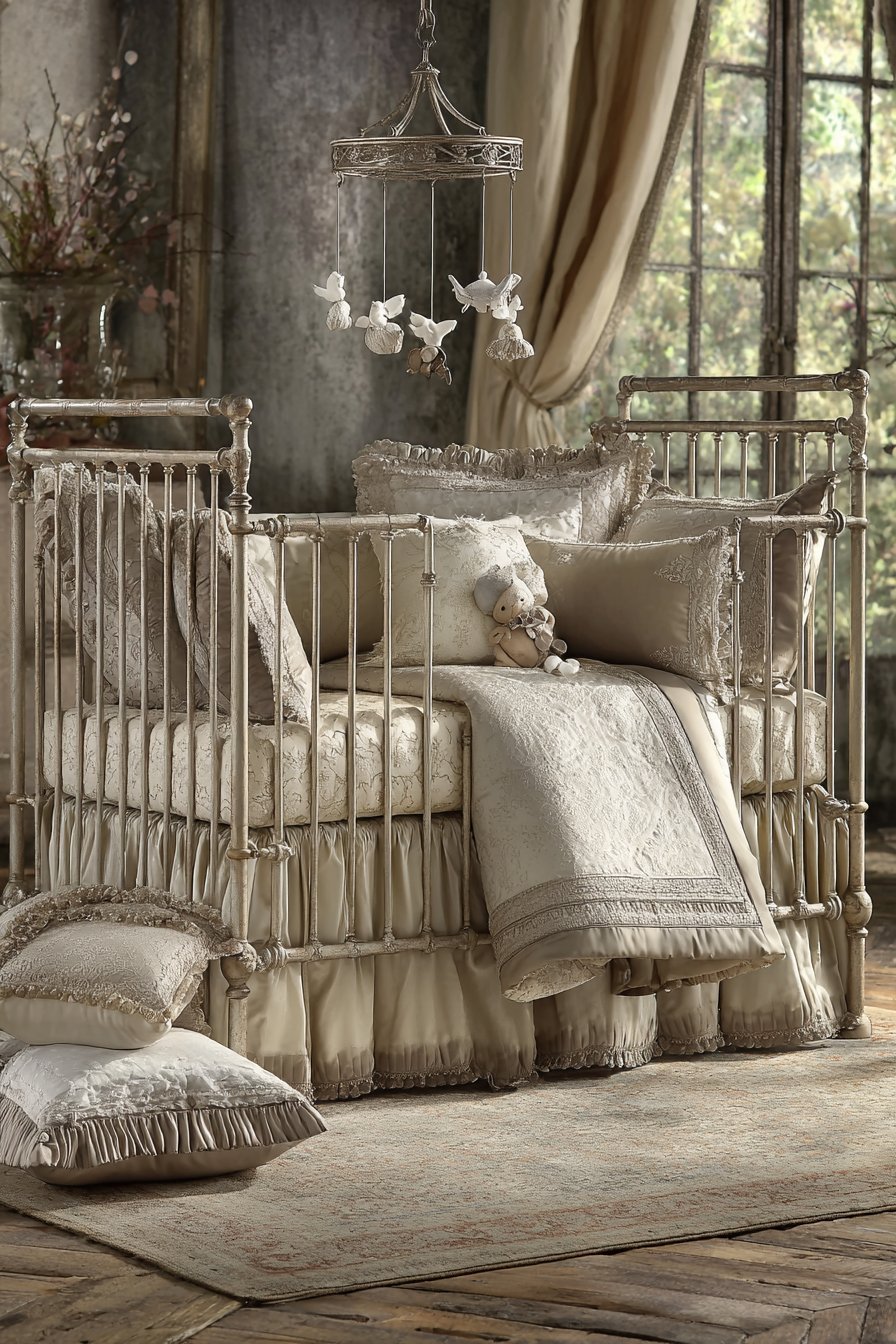 Layered Luxury Bedding with Champagne Metal Crib