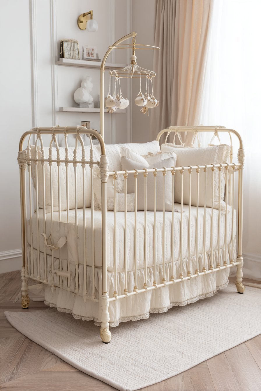 Layered Luxury Bedding with Champagne Metal Crib