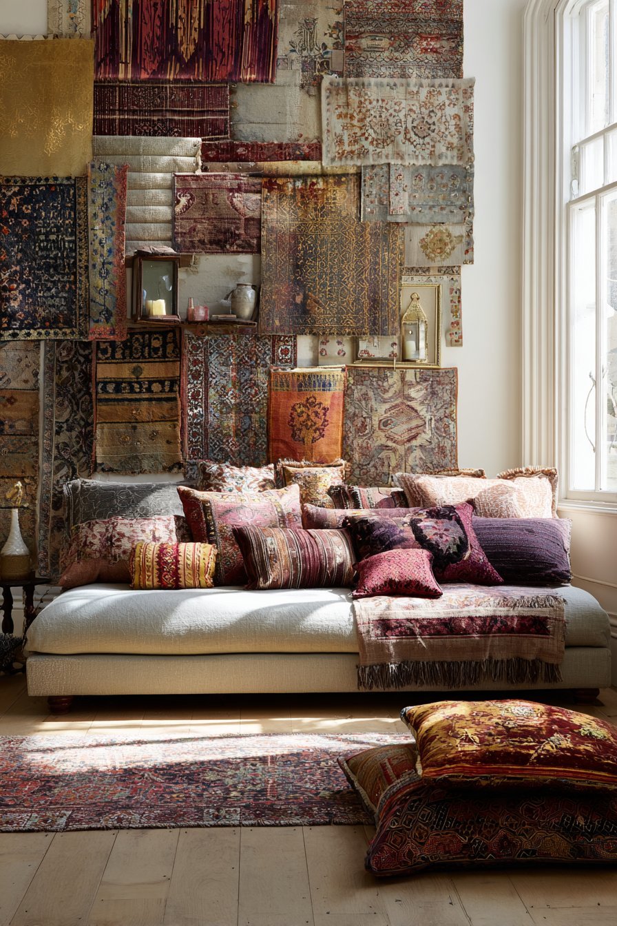 Layered Vintage Textile Collage Wall