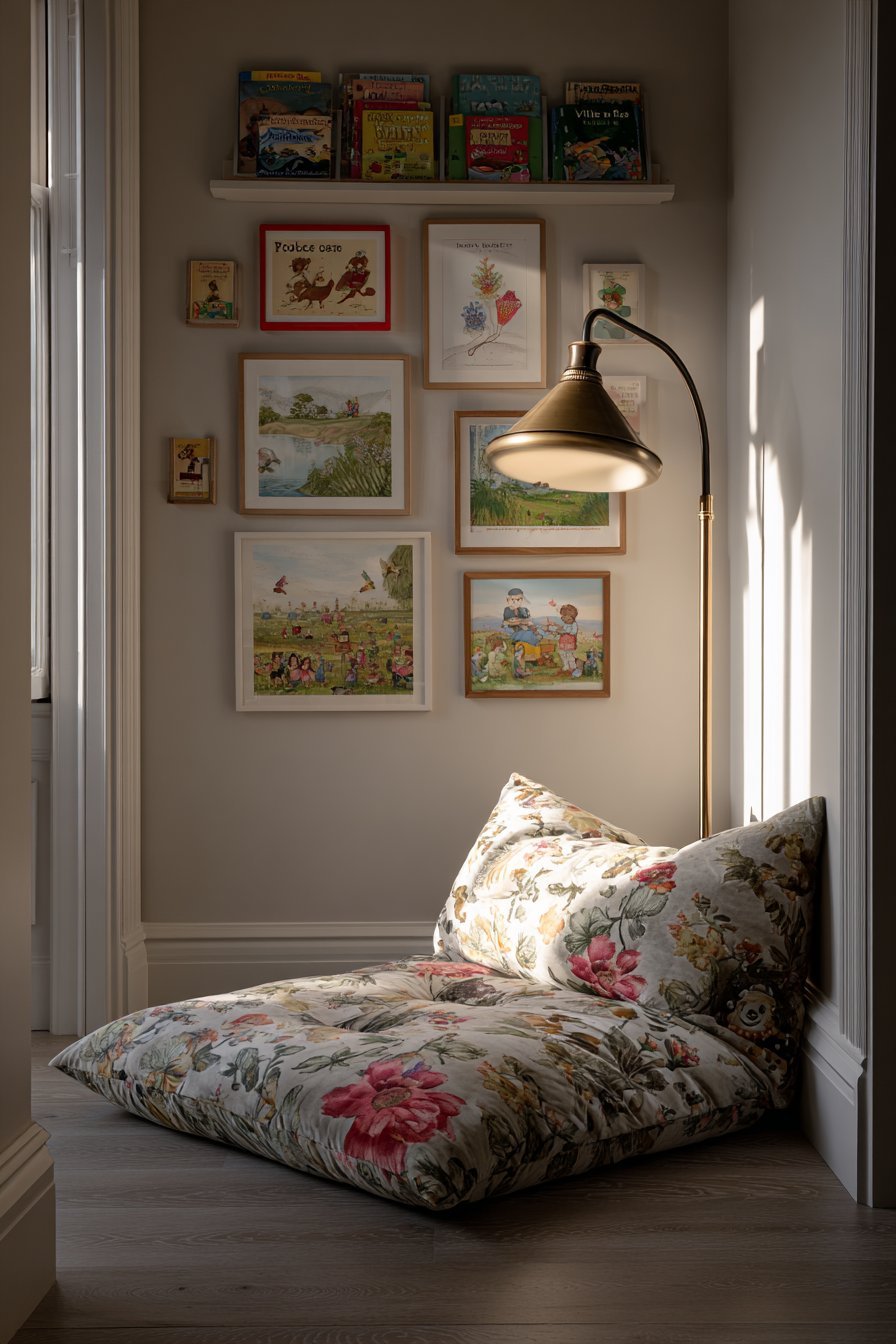 Cozy Reading Nook with Botanical Velvet Cushion