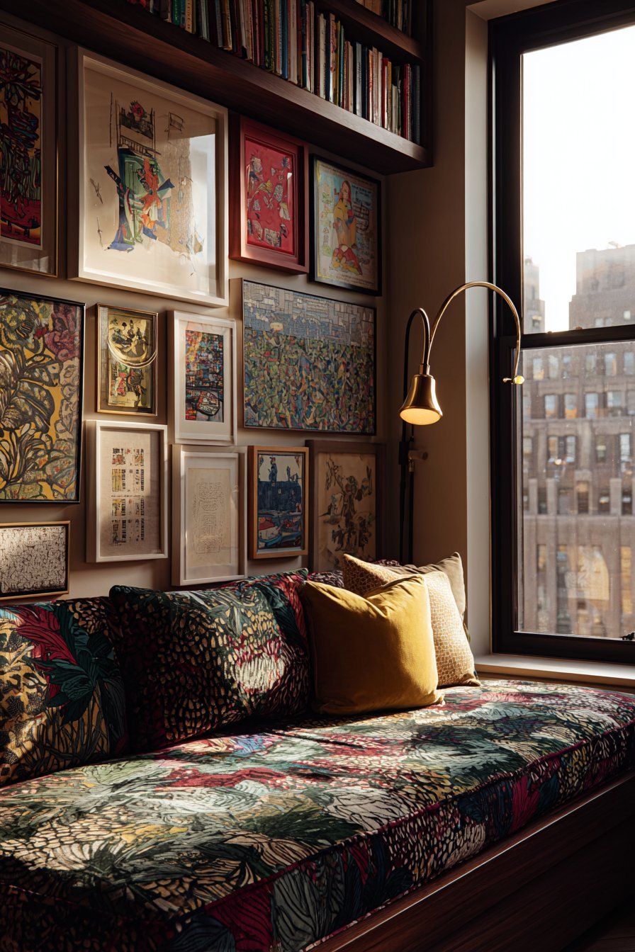 Cozy Reading Nook with Botanical Velvet Cushion