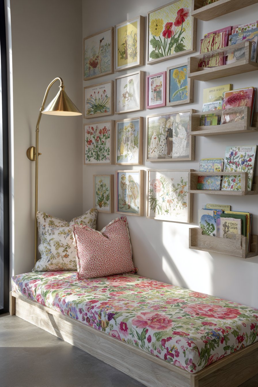 Cozy Reading Nook with Botanical Velvet Cushion