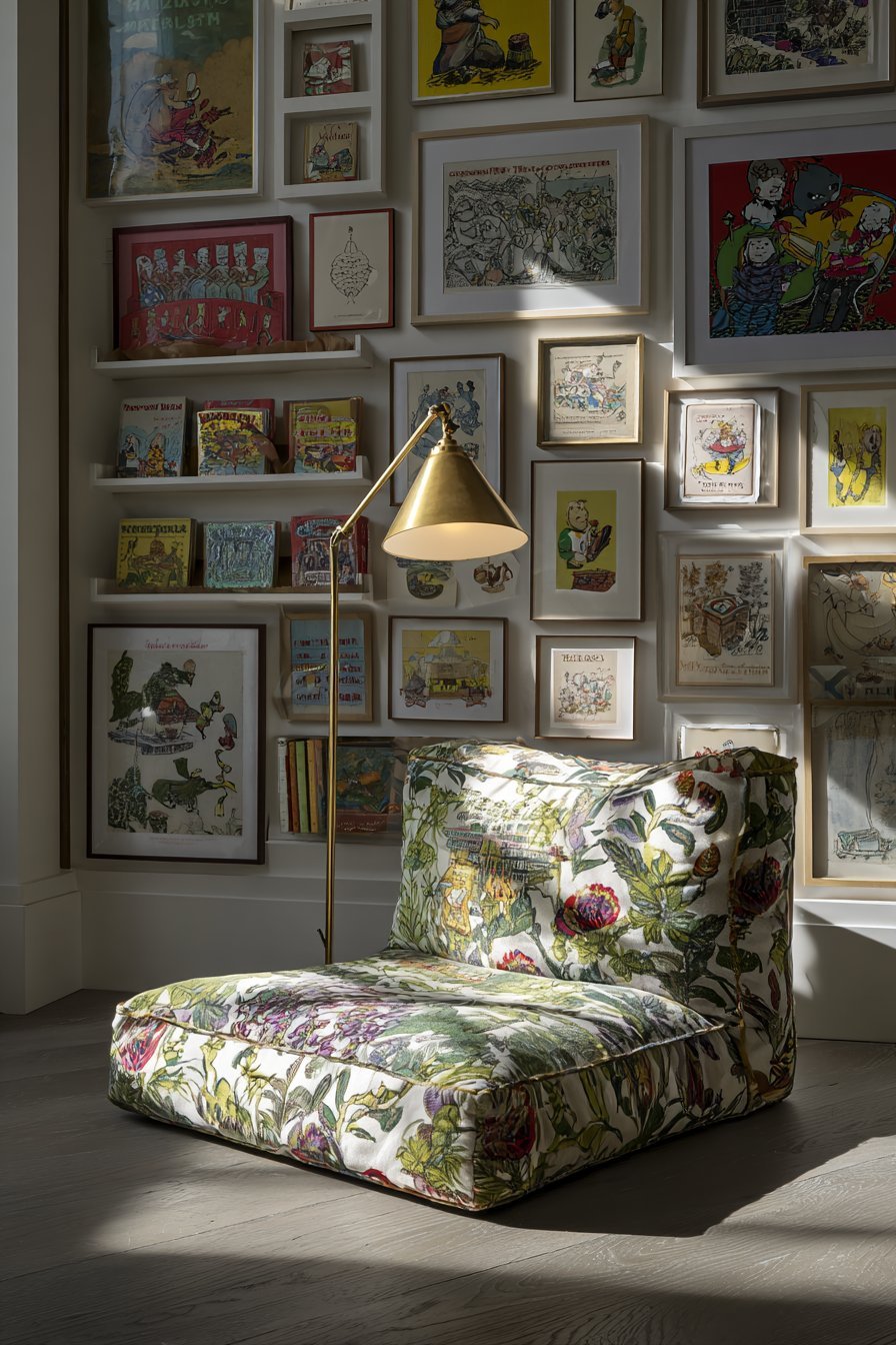 Cozy Reading Nook with Botanical Velvet Cushion