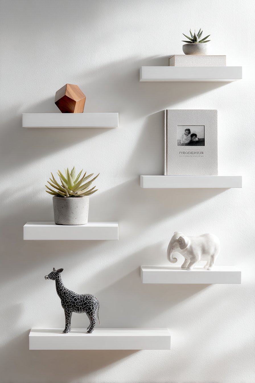 Minimalist White Floating Shelves with Gallery Effect