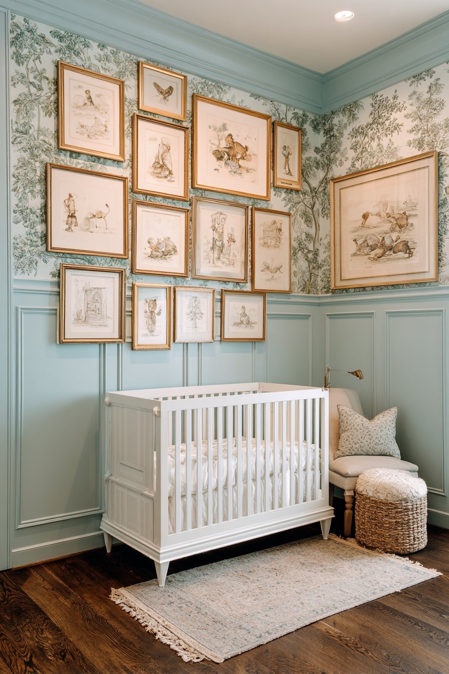 Custom Wainscoting with Silk Botanical Wallpaper