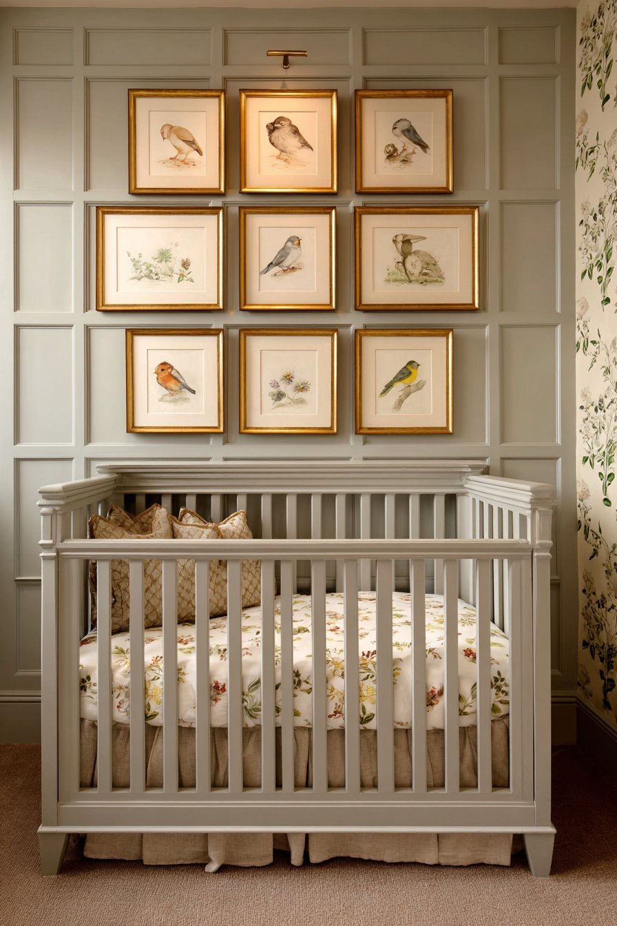 Custom Wainscoting with Silk Botanical Wallpaper