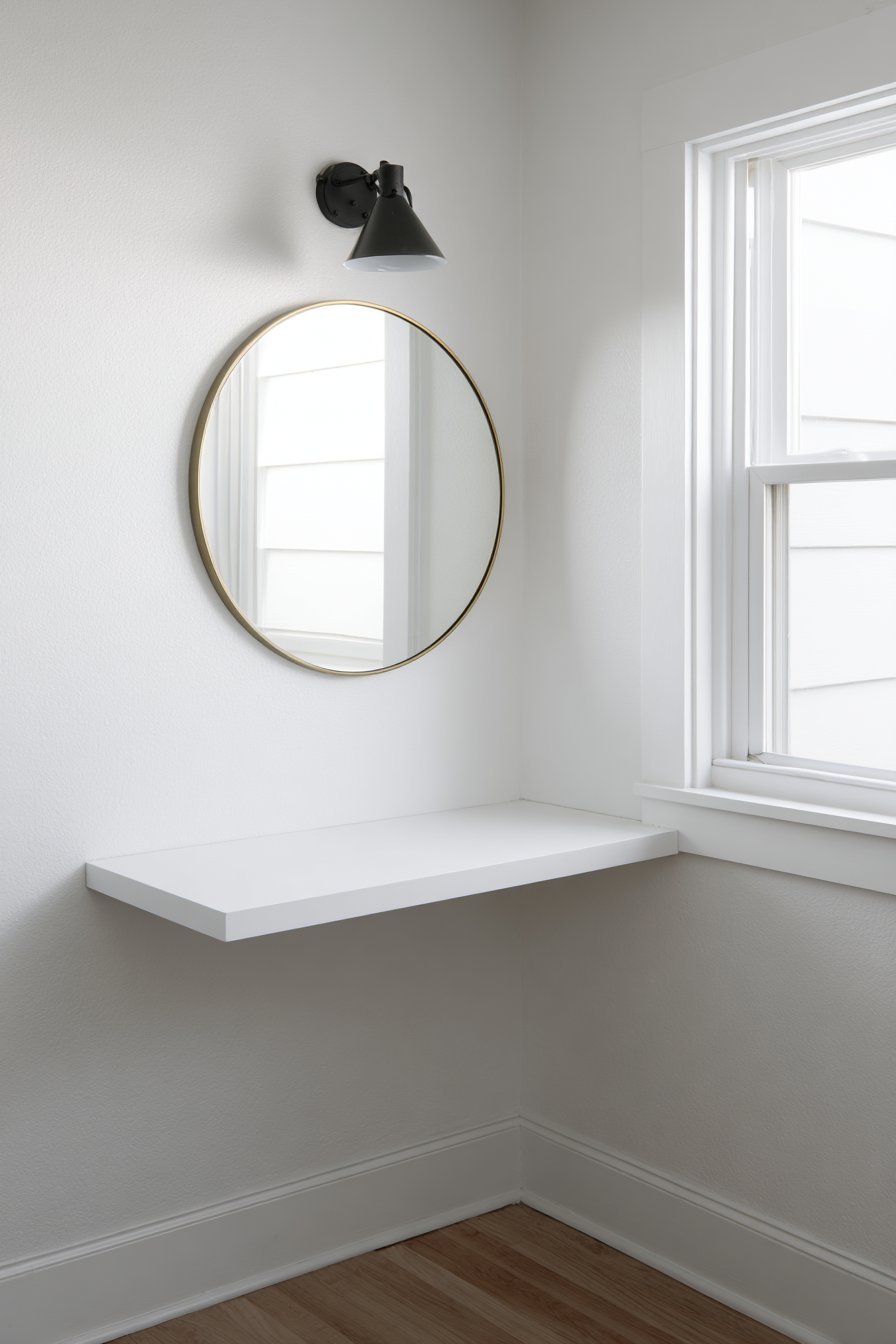 Floating White Desk with Brass Mirror