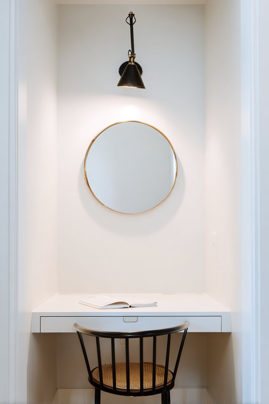 Floating White Desk with Brass Mirror