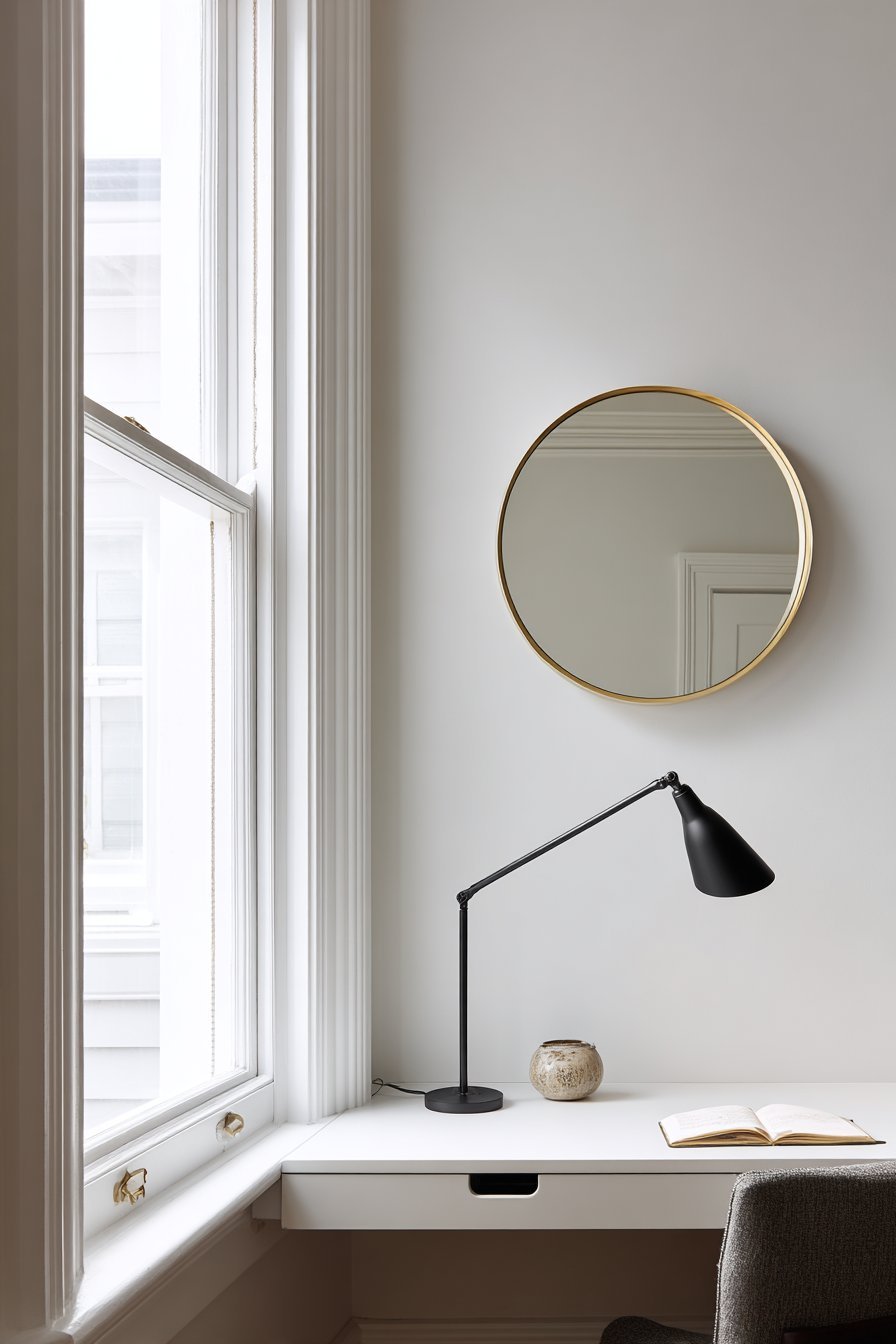 Floating White Desk with Brass Mirror
