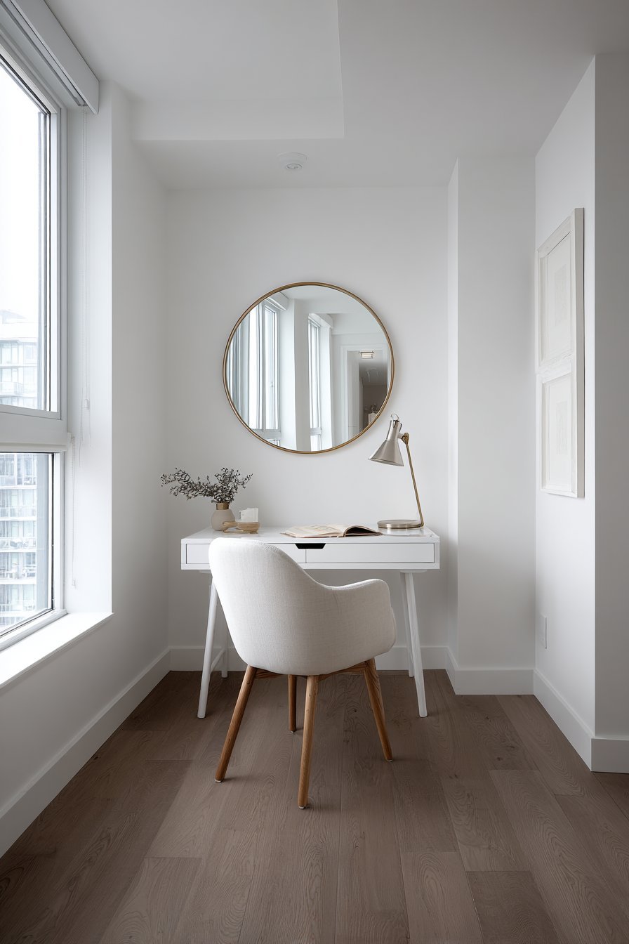 Floating White Desk with Brass Mirror