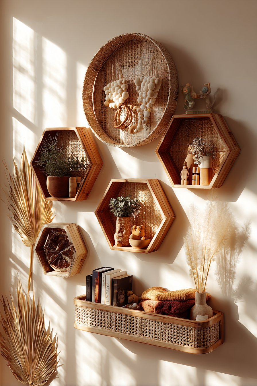 Bohemian Rattan and Woven Basket Shelves