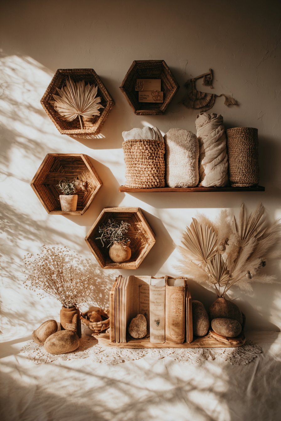 Bohemian Rattan and Woven Basket Shelves